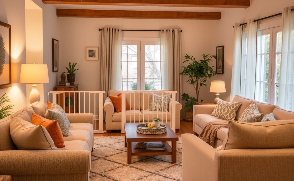 A cozy living room with safety gates and corner protectors.