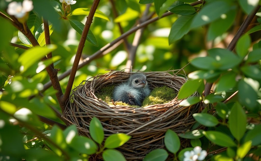 A cozy nest setup for a wild baby bird in a natural environment.