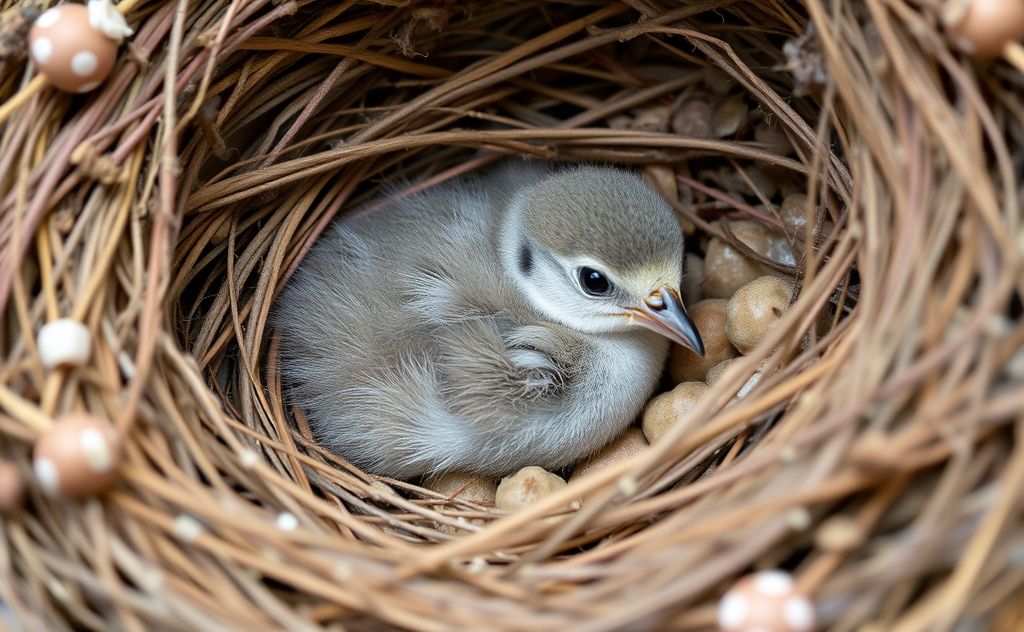 A cozy nest with a baby bird nestled inside, surrounded by soft materials.