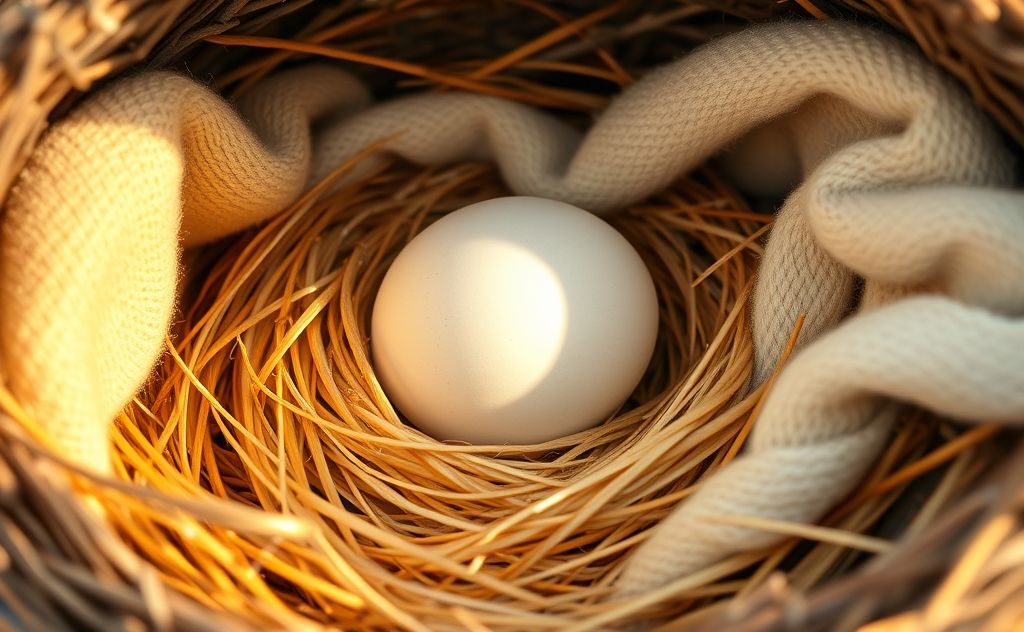 A cozy nest with a duck egg surrounded by straw and warm materials.