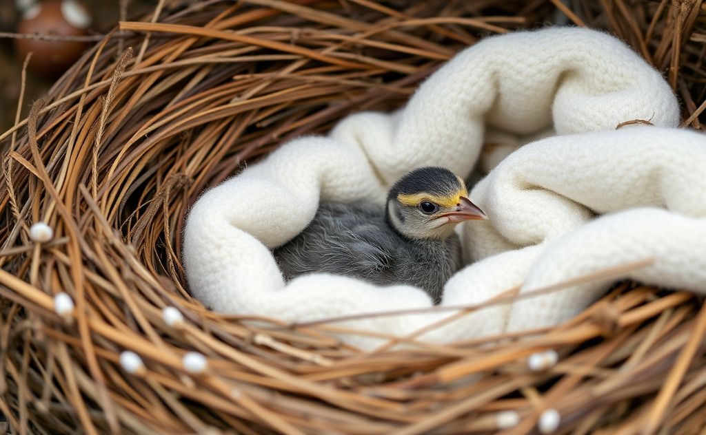 A cozy nest with a soft blanket and a baby bird nestled inside.