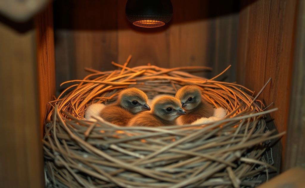 A cozy nest with a soft heat source for baby birds at night.