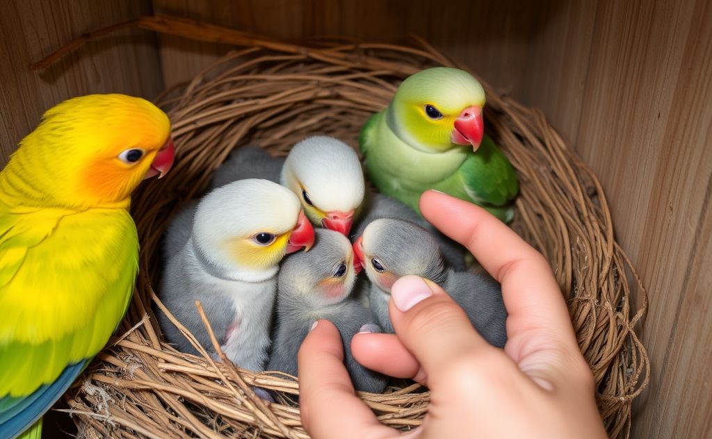 A cozy nest with baby parrots being fed by a breeder's hands.