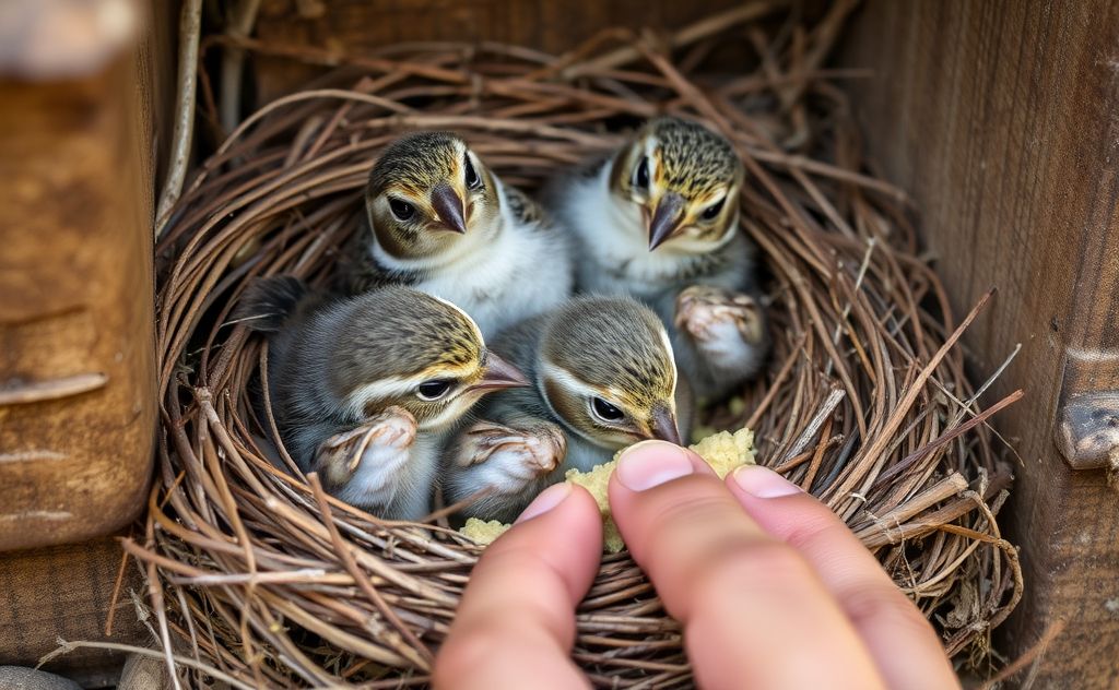 A cozy nest with baby sparrows being gently fed by hand.