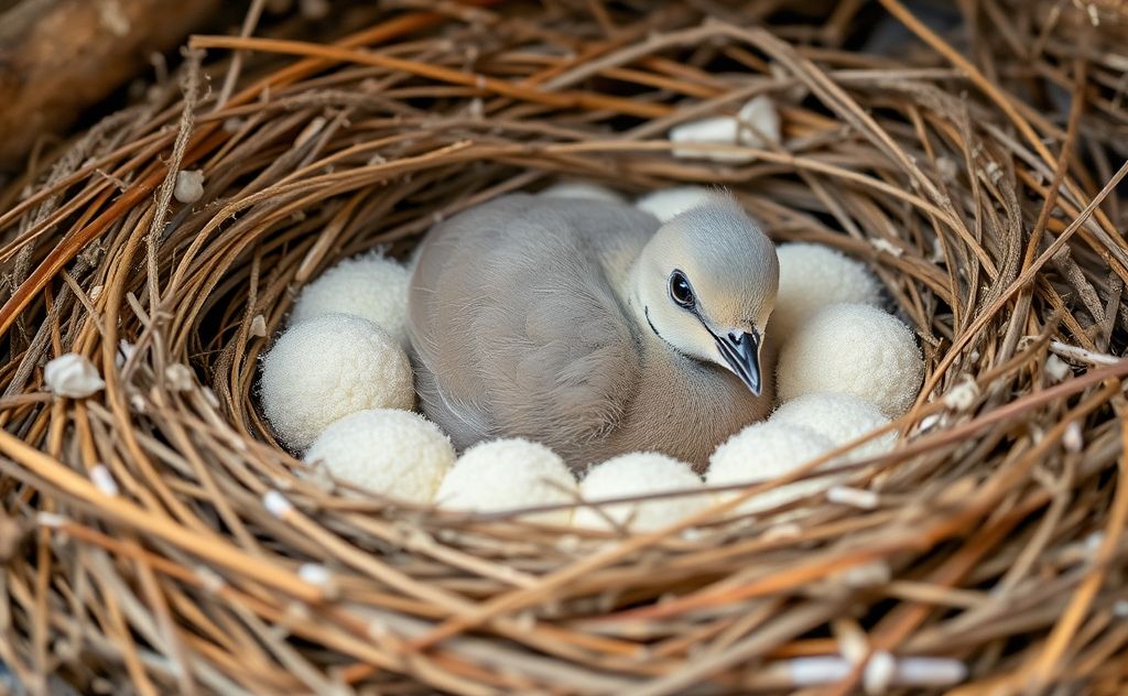 A cozy nest with soft bedding for a baby dove bird.