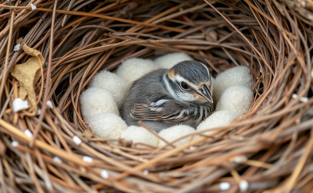 A cozy nest with soft materials for a baby sparrow.