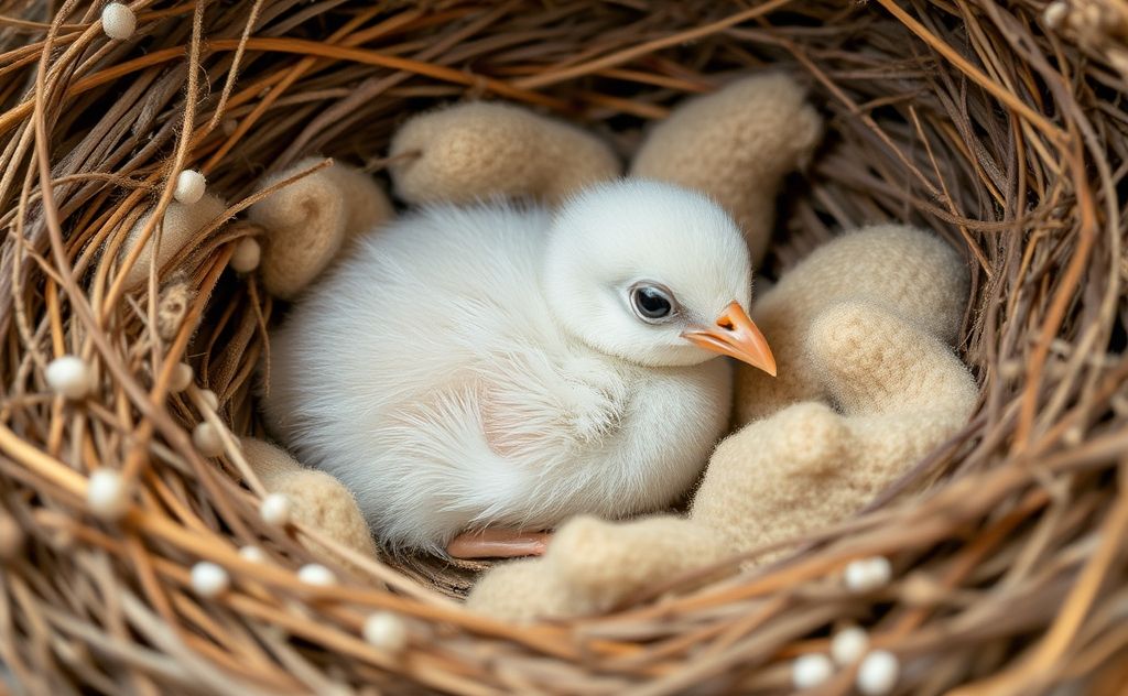 A cozy nest with soft materials for warming a baby bird.
