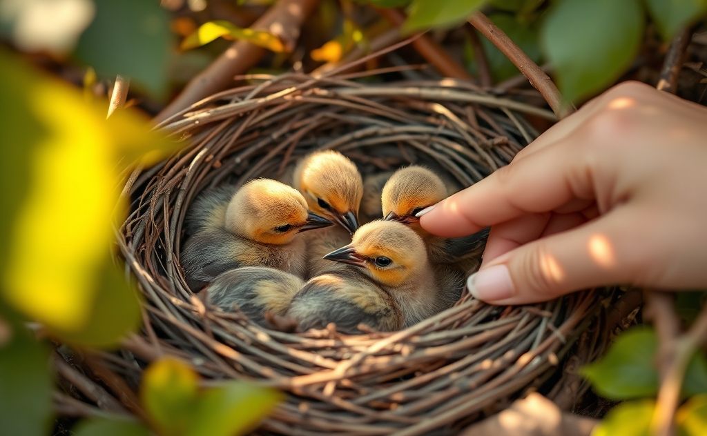 A cozy nest with spice finch chicks being hand-fed by a caregiver.