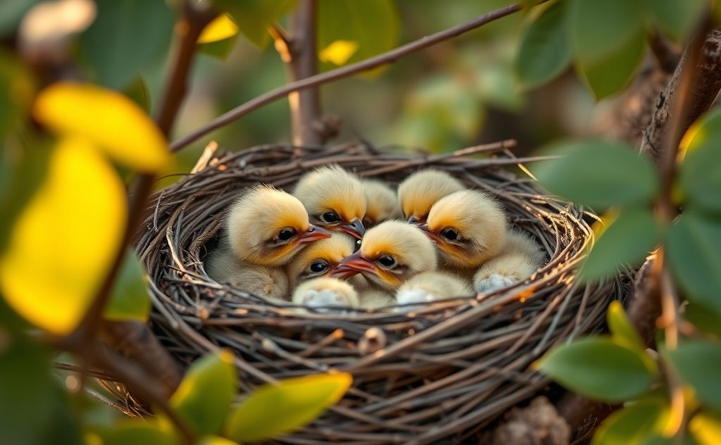 A cozy nest with tiny spice finch chicks being fed by a caregiver.