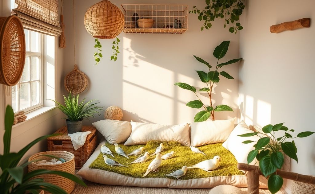 A cozy nursery setup for a baby parrot with natural elements.