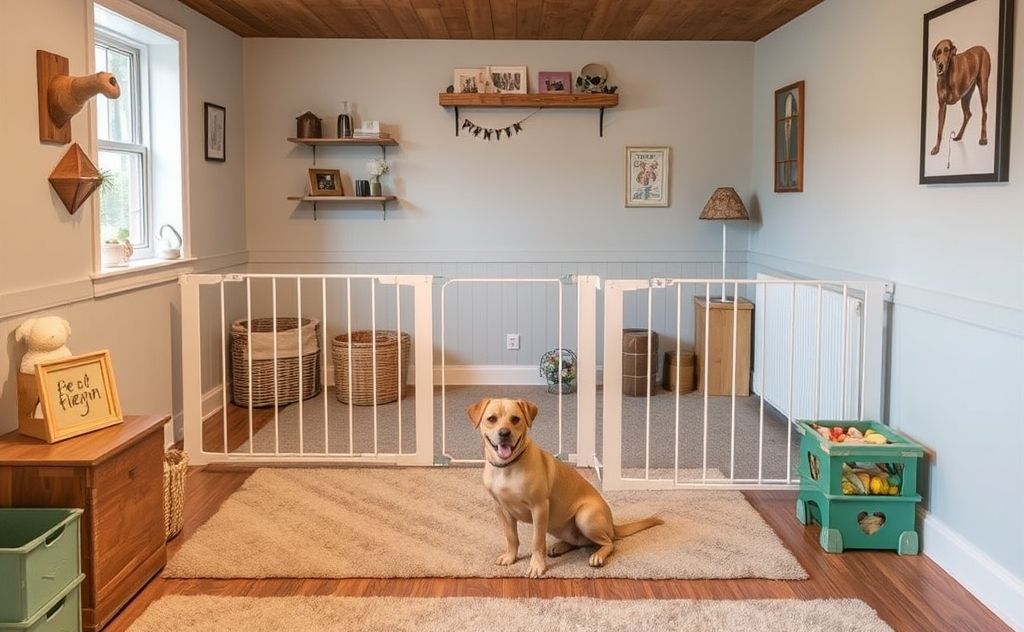 A cozy pet area with safety gates and childproofing measures.