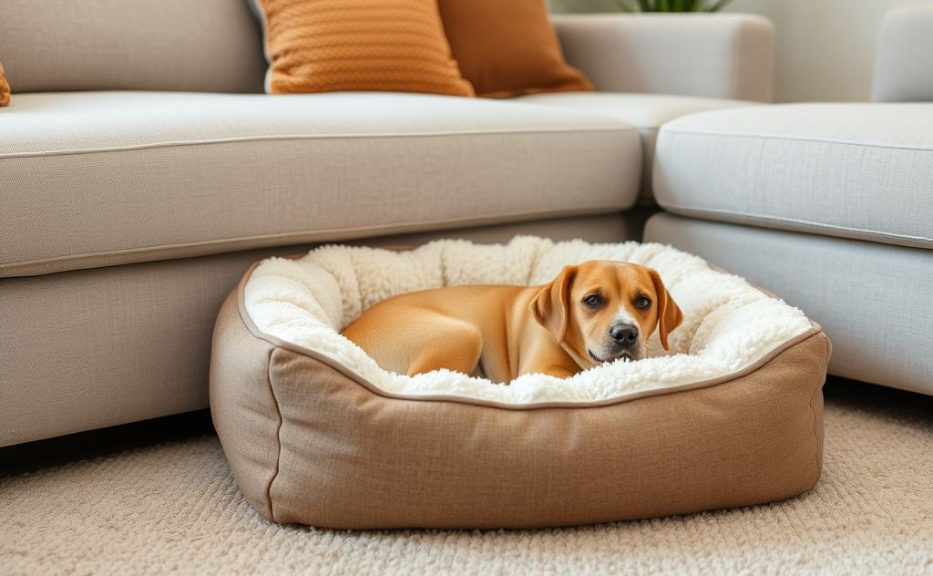 A cozy pet bed placed beside a sofa in a living room setting.