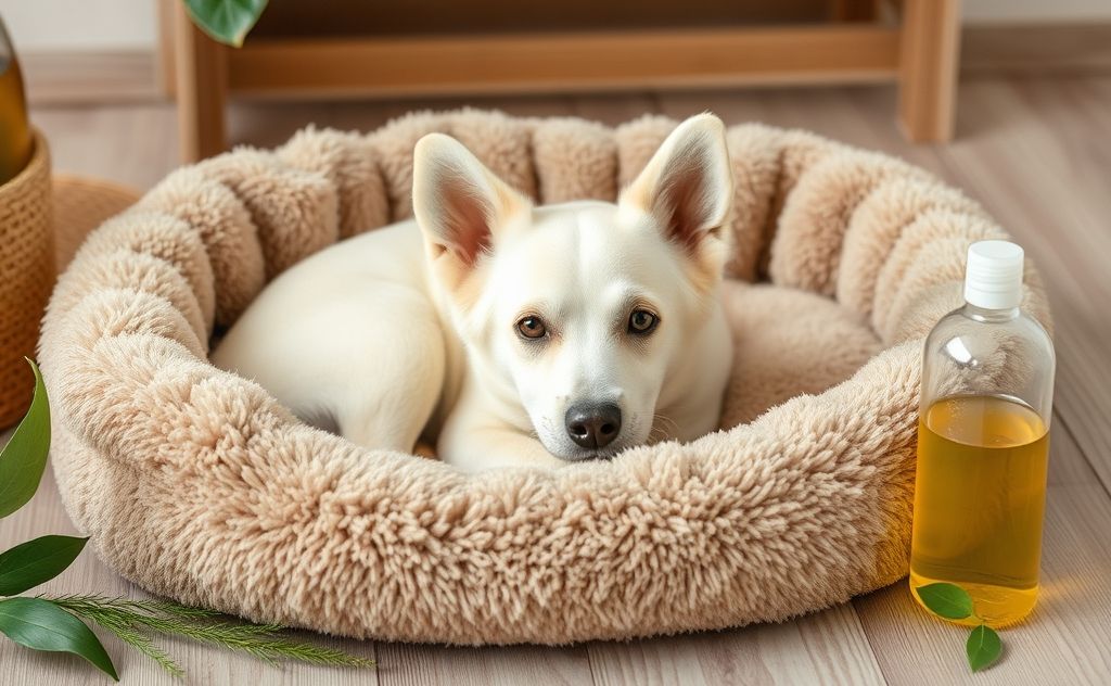 A cozy pet bed surrounded by natural cleaning ingredients.