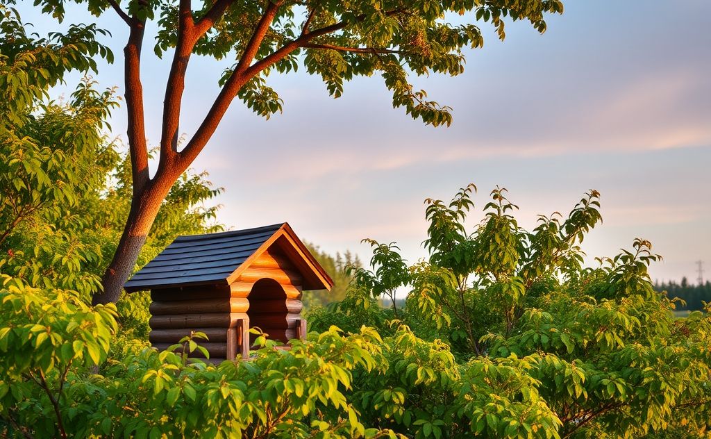 A cozy pigeon house nestled among lush green trees at dawn.