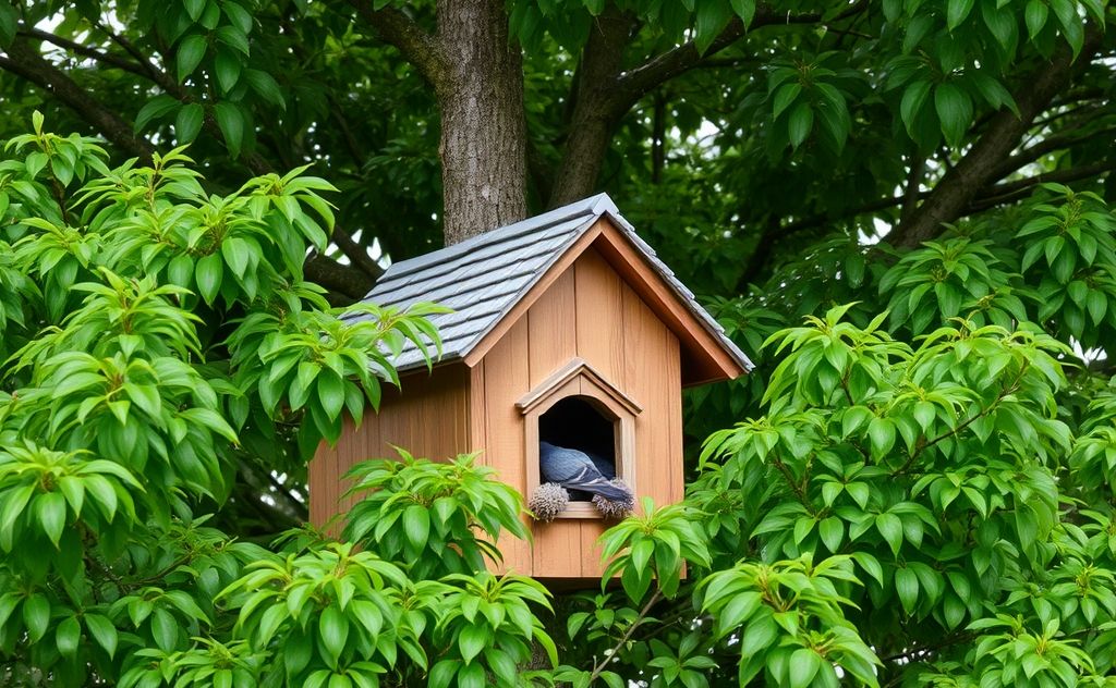 A cozy pigeon house nestled among lush green trees.