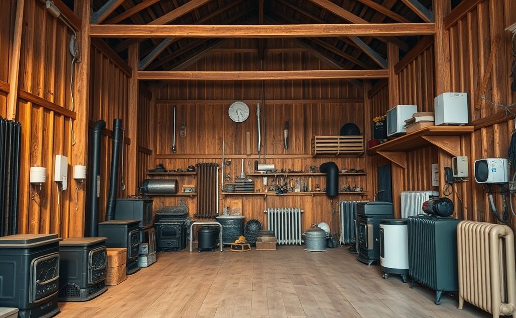 A cozy pole barn interior with various heating equipment displayed.
