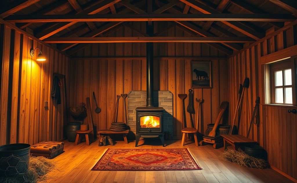 A cozy pole barn with a wood stove and warm lighting.
