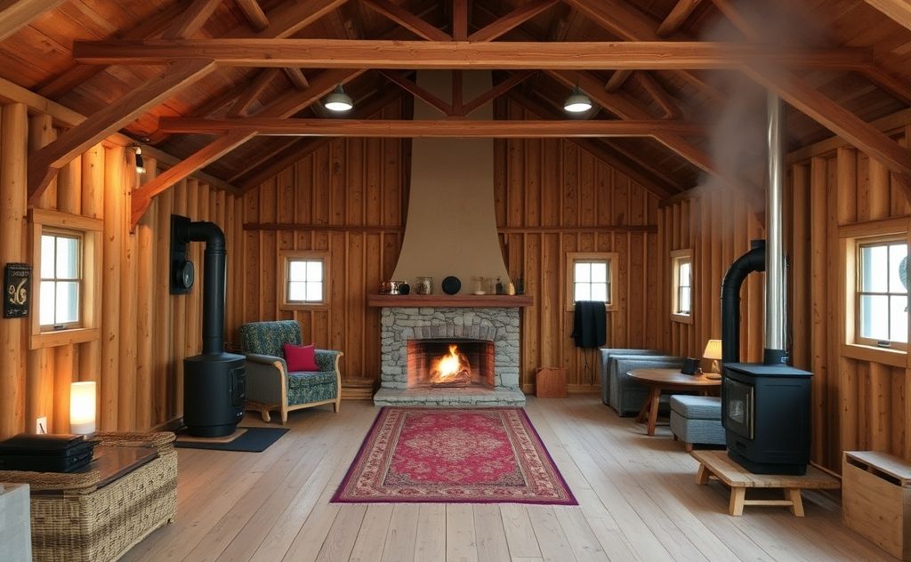 A cozy pole barn with various heating systems in action.