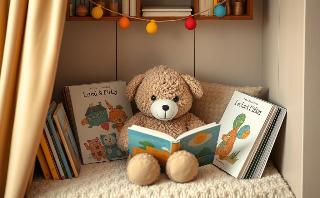 A cozy reading nook with books and a child’s favorite plush toy.