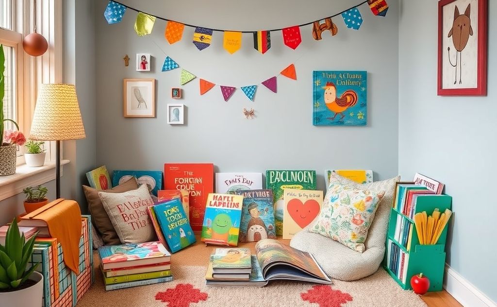 A cozy reading nook with colorful books and playful decorations.