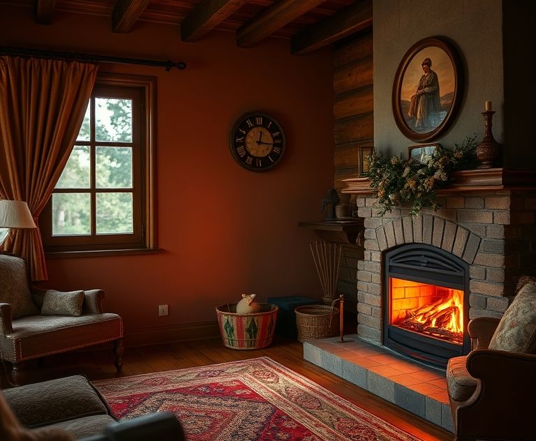 A cozy room with a warm glow from a fireplace and a thermostat.