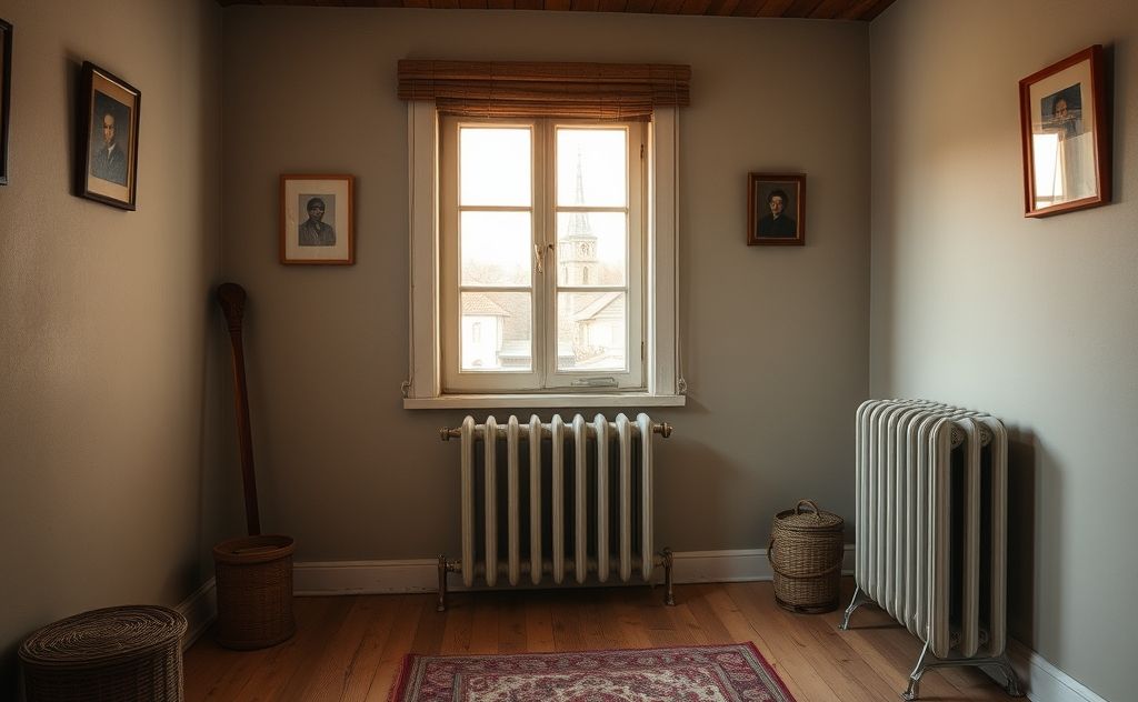 A cozy room with an oil-filled radiator providing warm light.