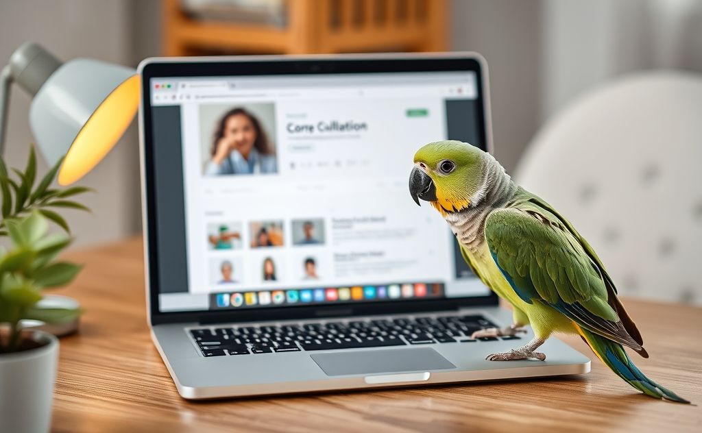 A cozy virtual consultation setup for bird care with a laptop and a parrot.