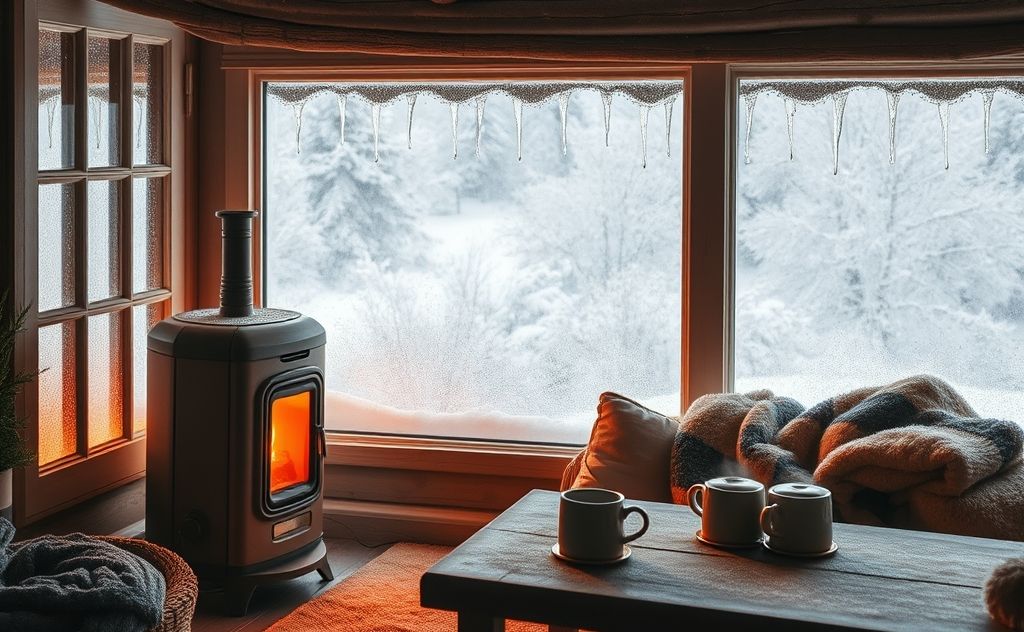 A cozy winter scene with an oil heater and snow outside.