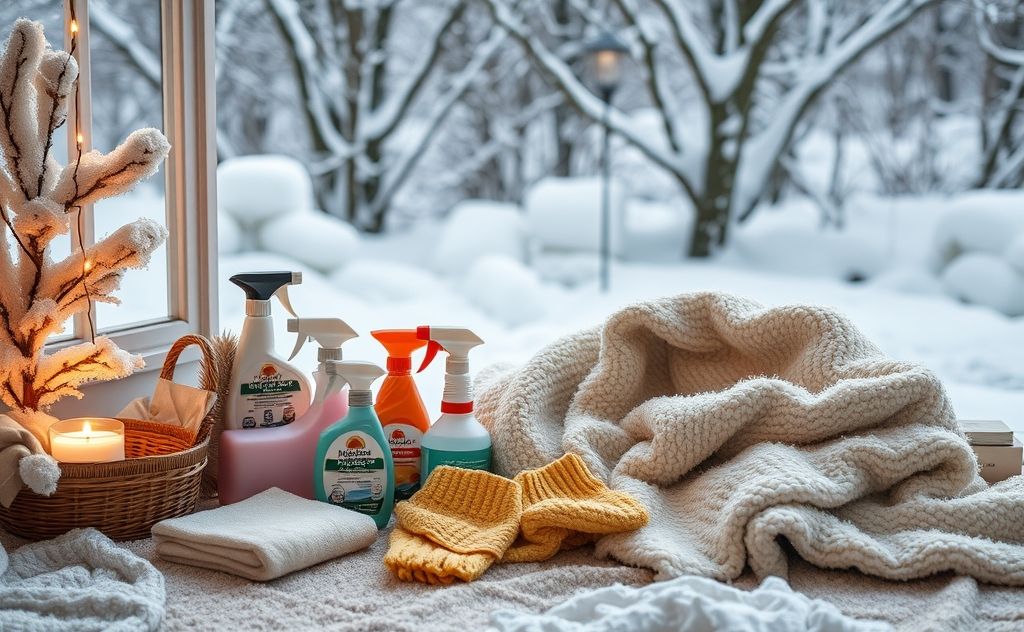 A cozy winter scene with cleaning supplies and warm blankets.
