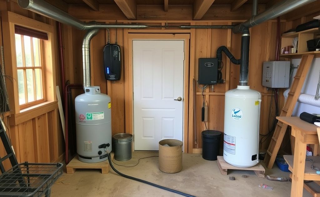 A cozy workshop with propane and electric heating systems.