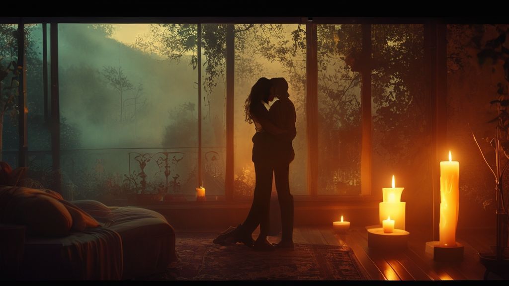 A cozy, candlelit room with a Taurus symbol glowing softly. A couple embraces, bathed in warm light. Outside, a gentle, misty nature scene is visible. Ethereal, cinematic, 4k.