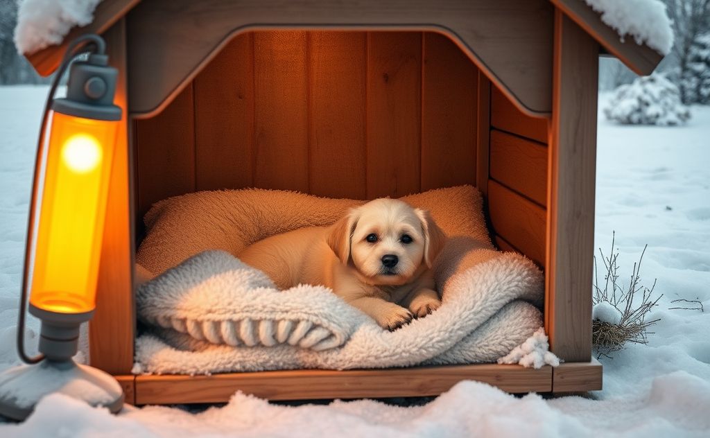 A cozy, insulated dog house with warm bedding and a heat source.