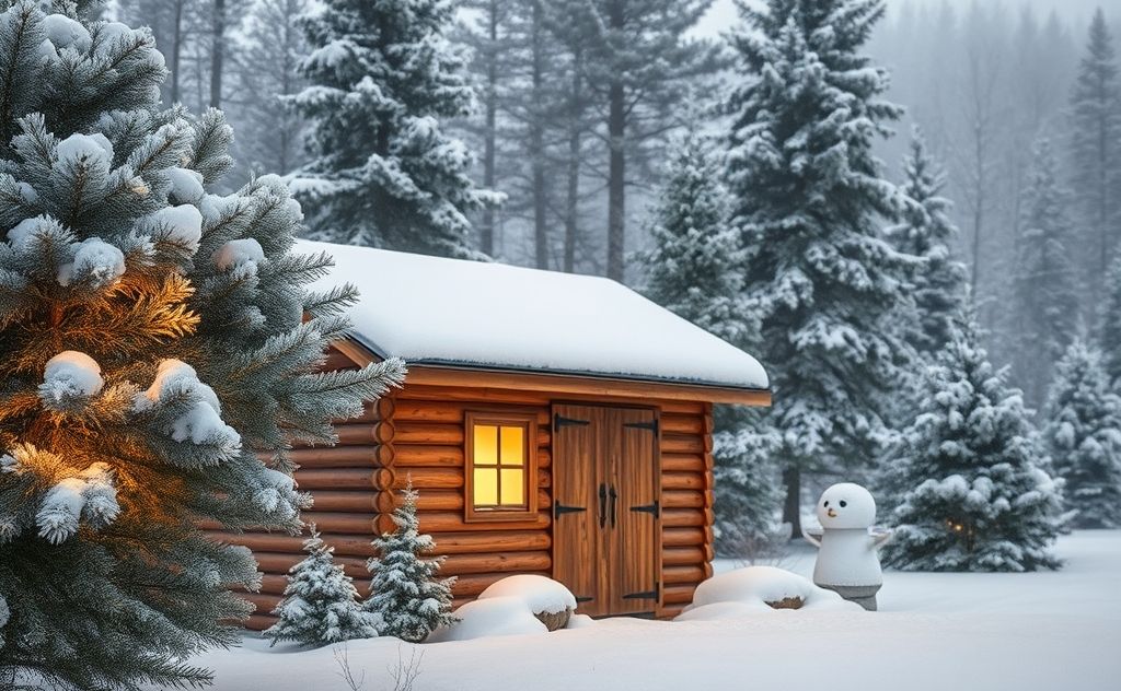 A cozy, insulated shed surrounded by winter scenery.
