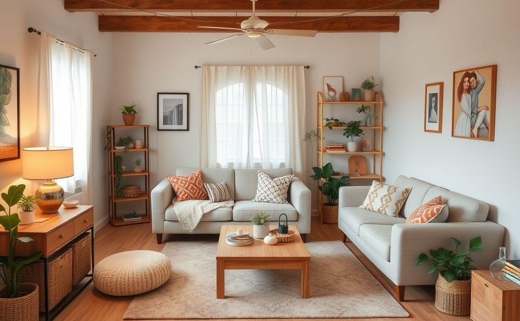 A cozy, organized room with neatly arranged furniture and decor.