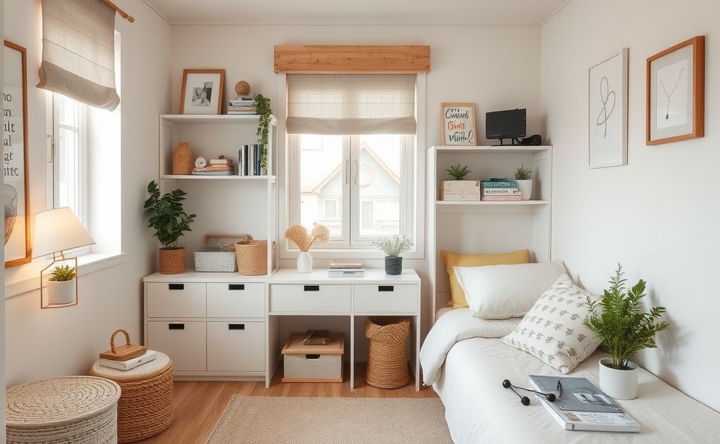 A cozy, organized small room with minimalist decor and storage solutions.