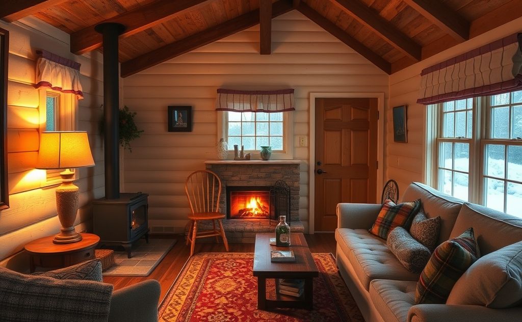 A cozy, well-insulated home with a warm glow from a fireplace.