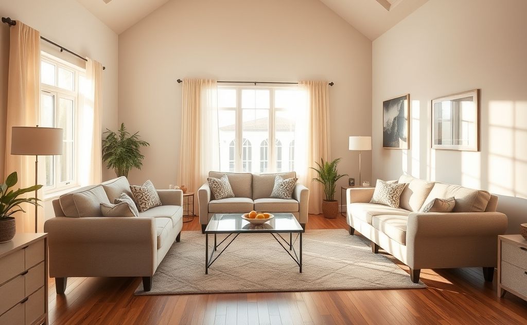 A cozy, well-lit living room with safety features for seniors.