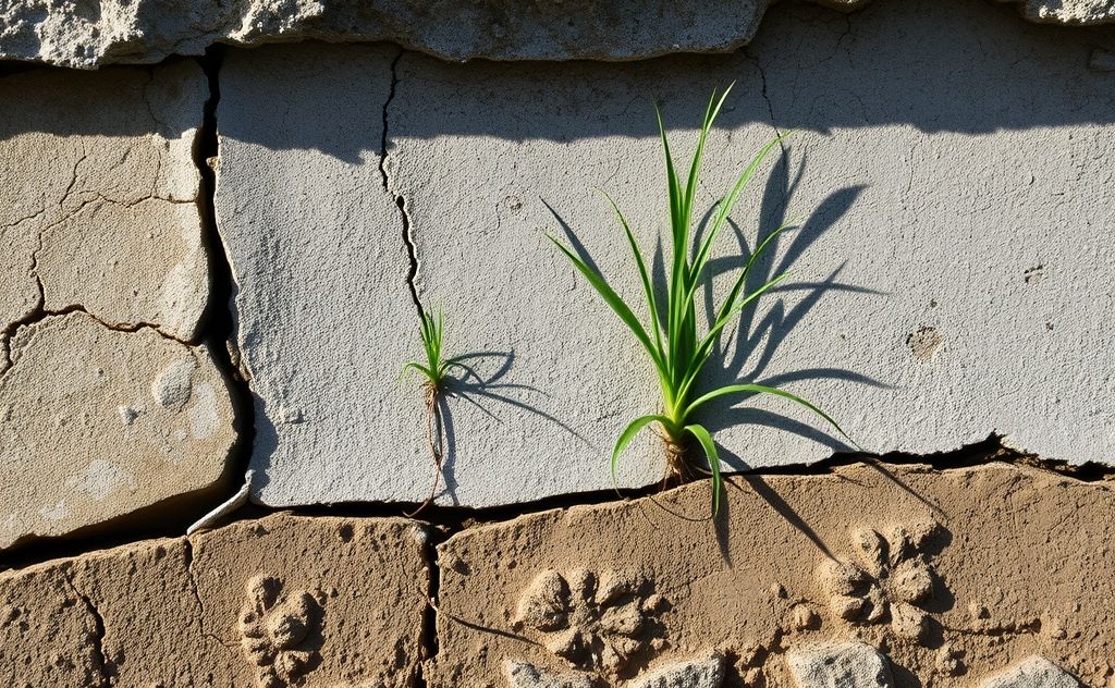 A cracked foundation with visible signs of water damage and vegetation.