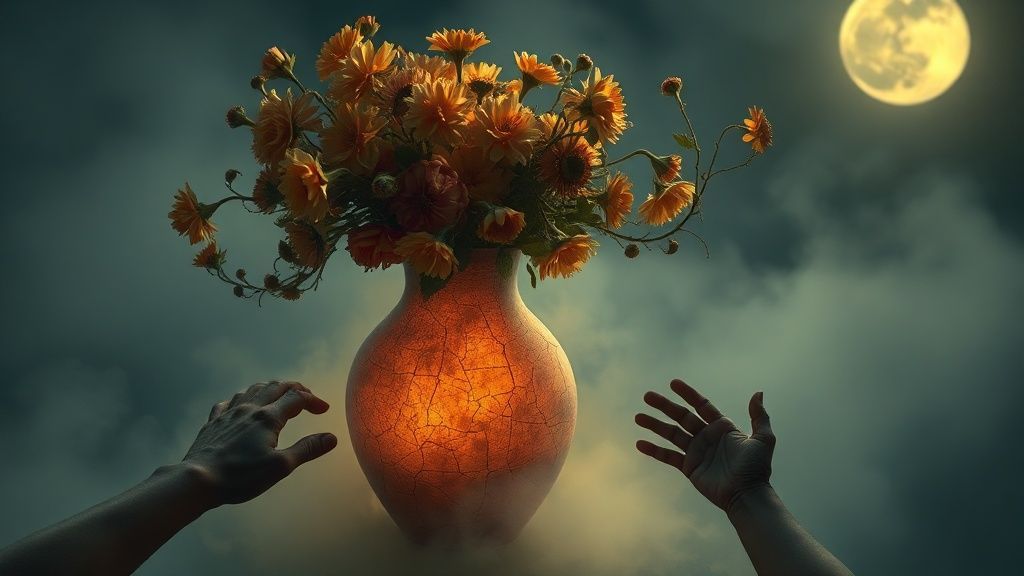 A cracked, glowing pottery vase overflowing with wilting flowers, bathed in soft moonlight. Mist swirls around it. A lone, tired hand reaches towards it.