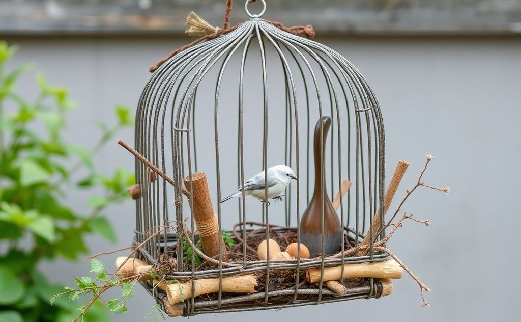 A creative birdcage crafted from recycled materials and natural elements.