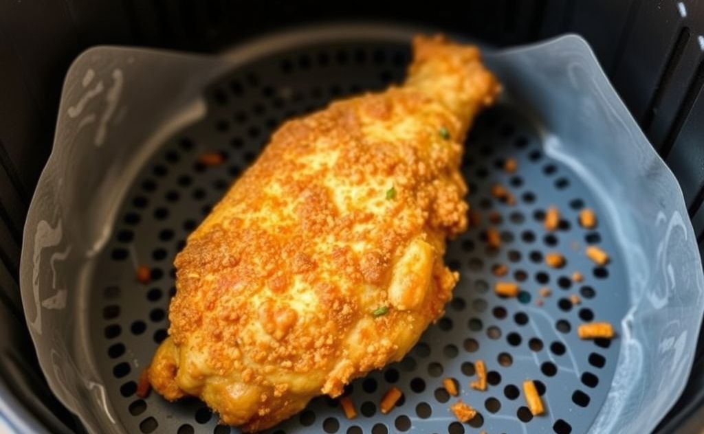 A crispy fried chicken piece in an air fryer basket.