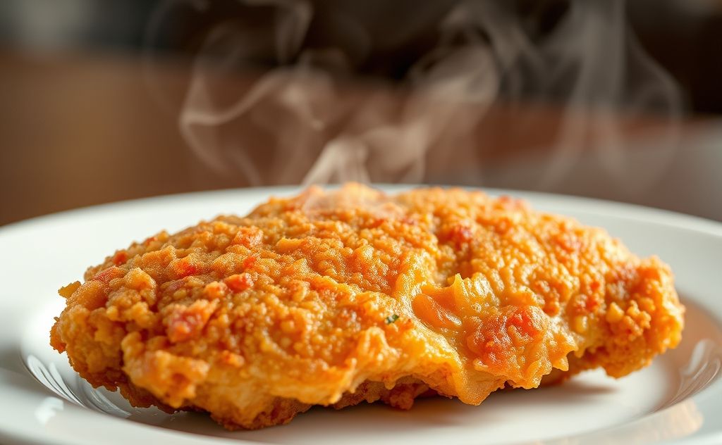 A crispy fried chicken piece on a plate with steam rising.