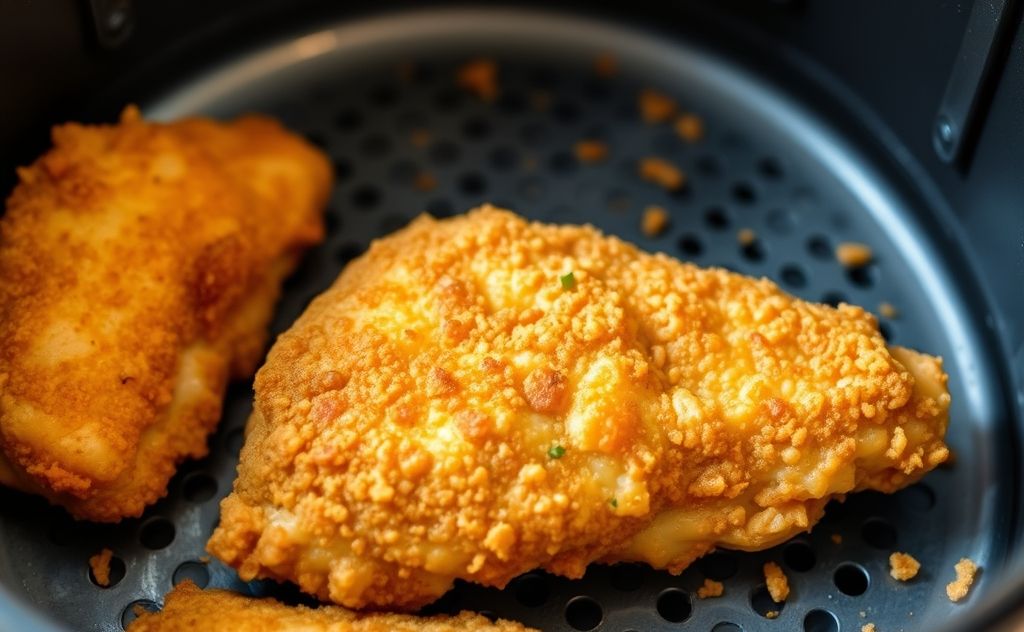 A crispy golden-brown fried chicken piece in an air fryer.