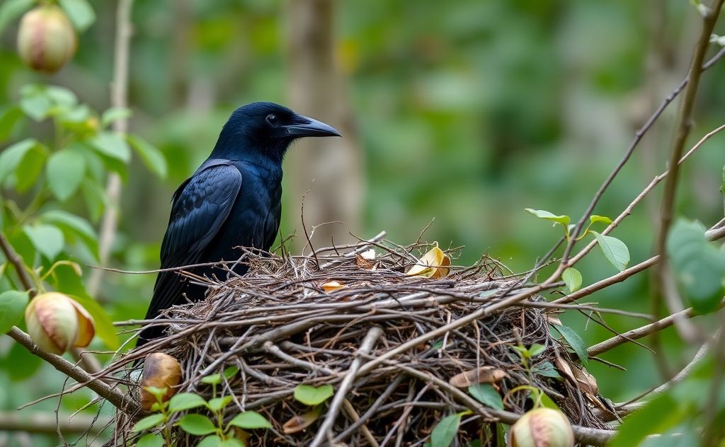 A crow building a nest with twigs and leaves in a forest.