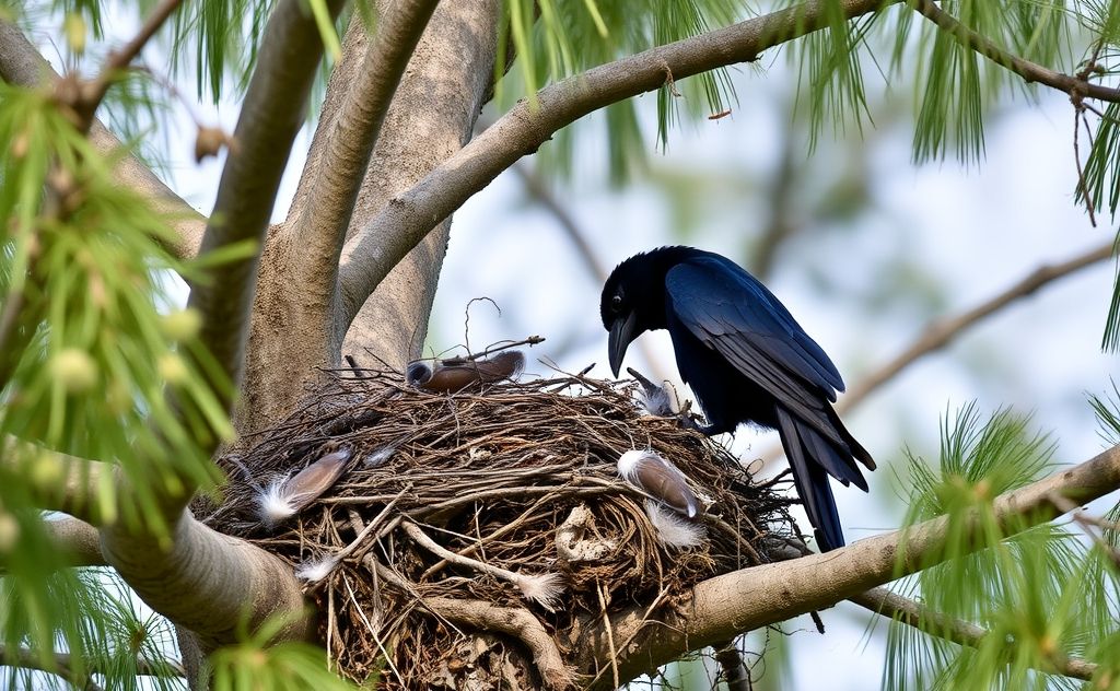 A crow inspecting a nest in a tree with scattered feathers around.