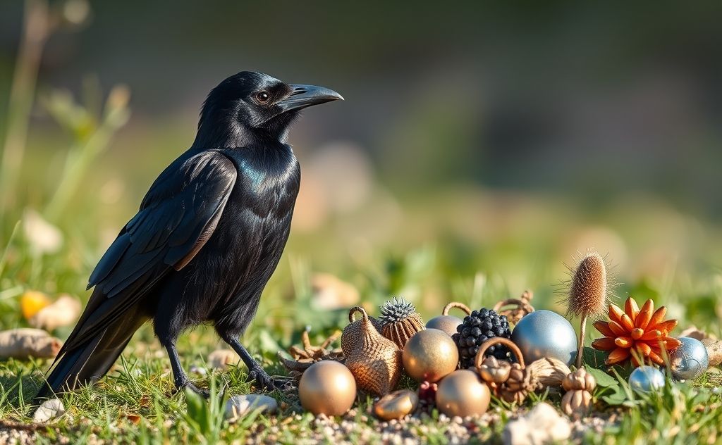 A crow perched beside a collection of shiny objects in nature.