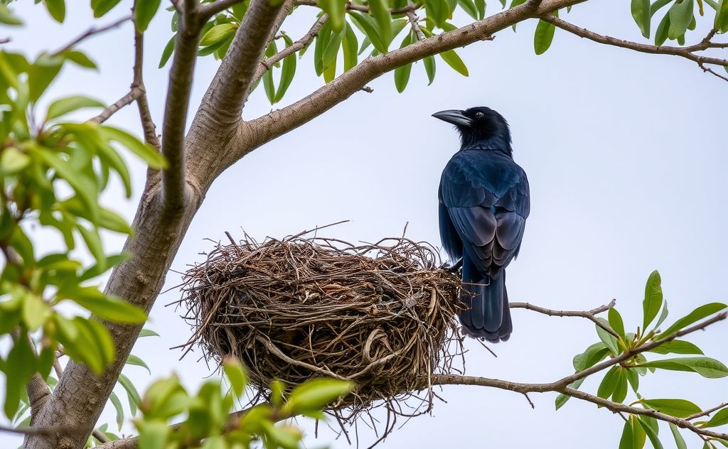 A crow perched near an empty bird nest in a tree.
