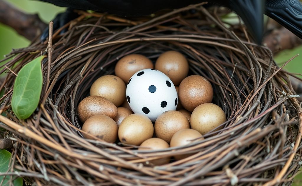 A crow's nest with a cuckoo egg nestled among crow eggs.