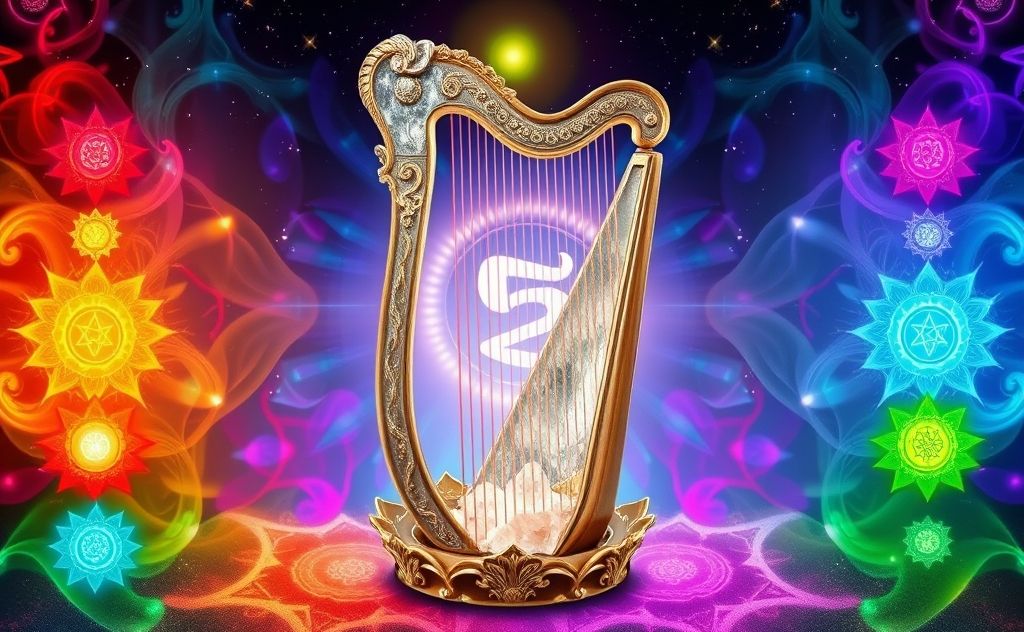 A crystal harp surrounded by vibrant chakra symbols.