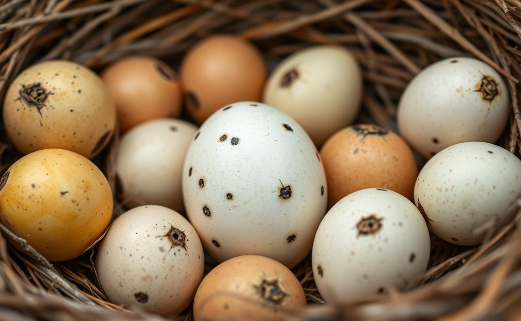 A cuckoo egg nestled among other bird eggs in a nest.